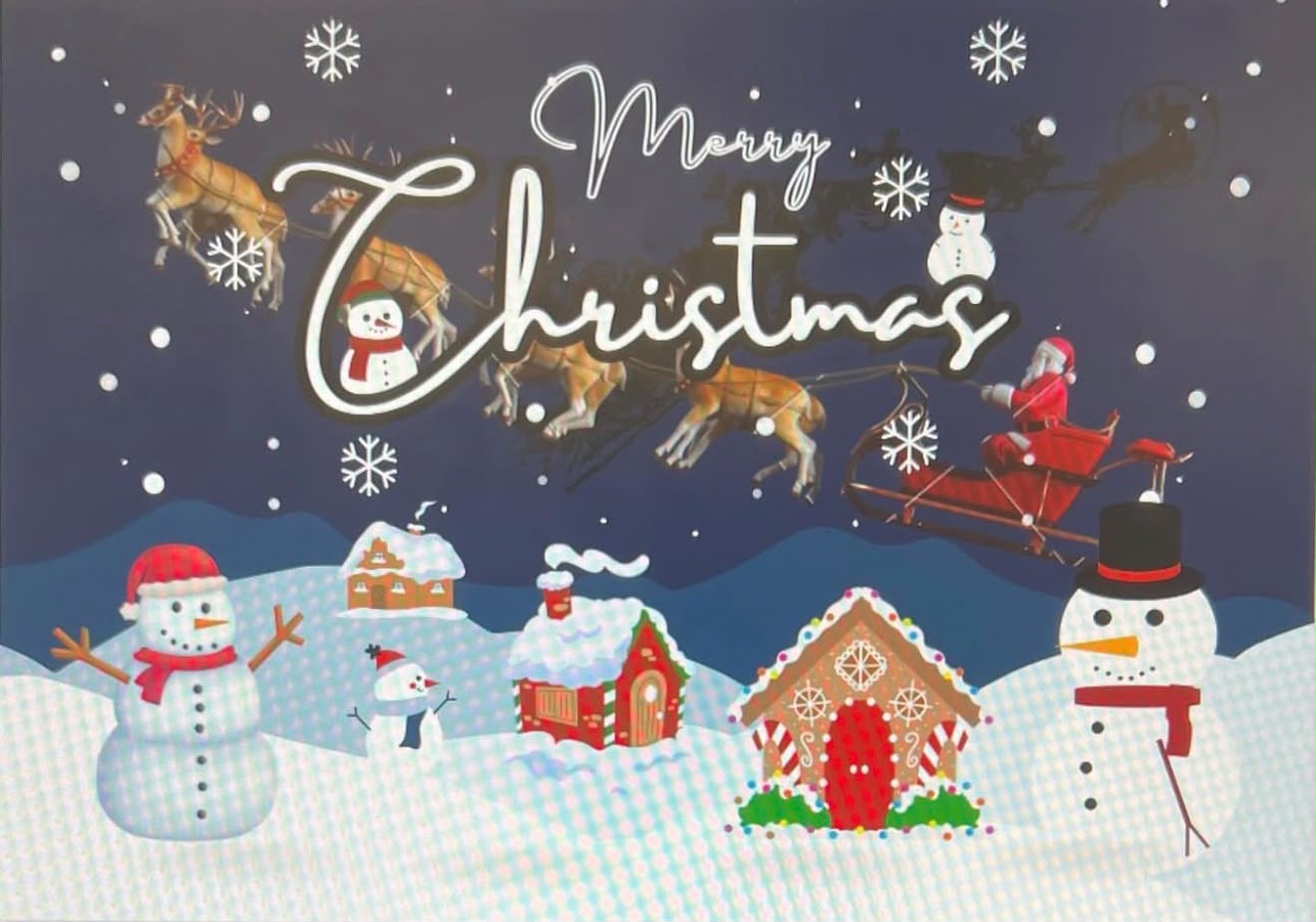 Merry Christmas card with Santa in a sleigh, snowmen and gingerbread houses