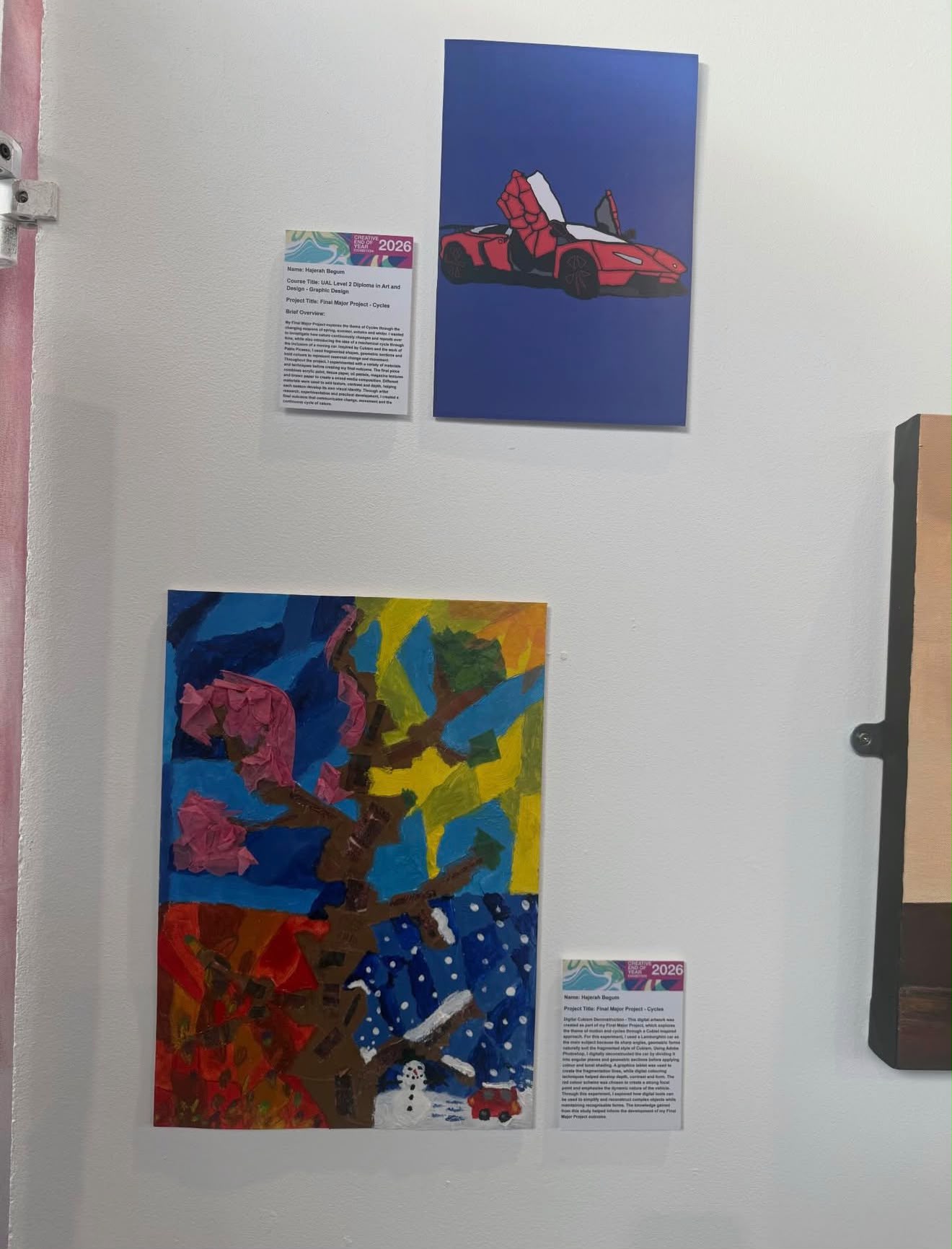 Exhibition wall with a red sports car illustration on a blue background and a mixed-media collage of a tree through the seasons