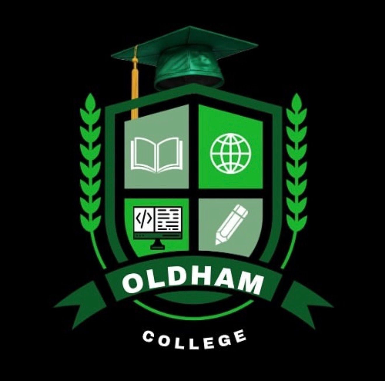 Green Oldham College crest logo